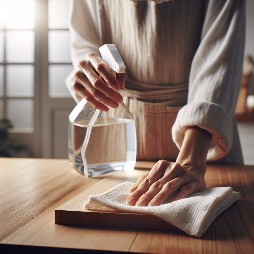 Close-up shot of a person's hands actively wiping down a smooth, light-colored wooden door frame or table surface with a clean white cloth. A spray bottle, half-filled with a clear vinegar solution, rests nearby. The focus is on the action of cleaning and the promise of freshness. The background is a softly blurred, bright home interior. Emphasize cleanliness, effectiveness, and a revitalized atmosphere. Realistic, bright photography.
