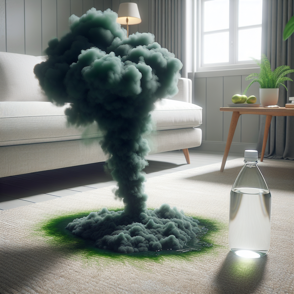 A stylized, unpleasant, dark green odor cloud visibly rising from a subtle, damp stain on a light-colored living room carpet. Next to the stain, a simple, clear bottle of white vinegar stands upright, suggesting a natural solution to a common household problem. Realistic photo, indoor setting, soft lighting, focus on the contrast.