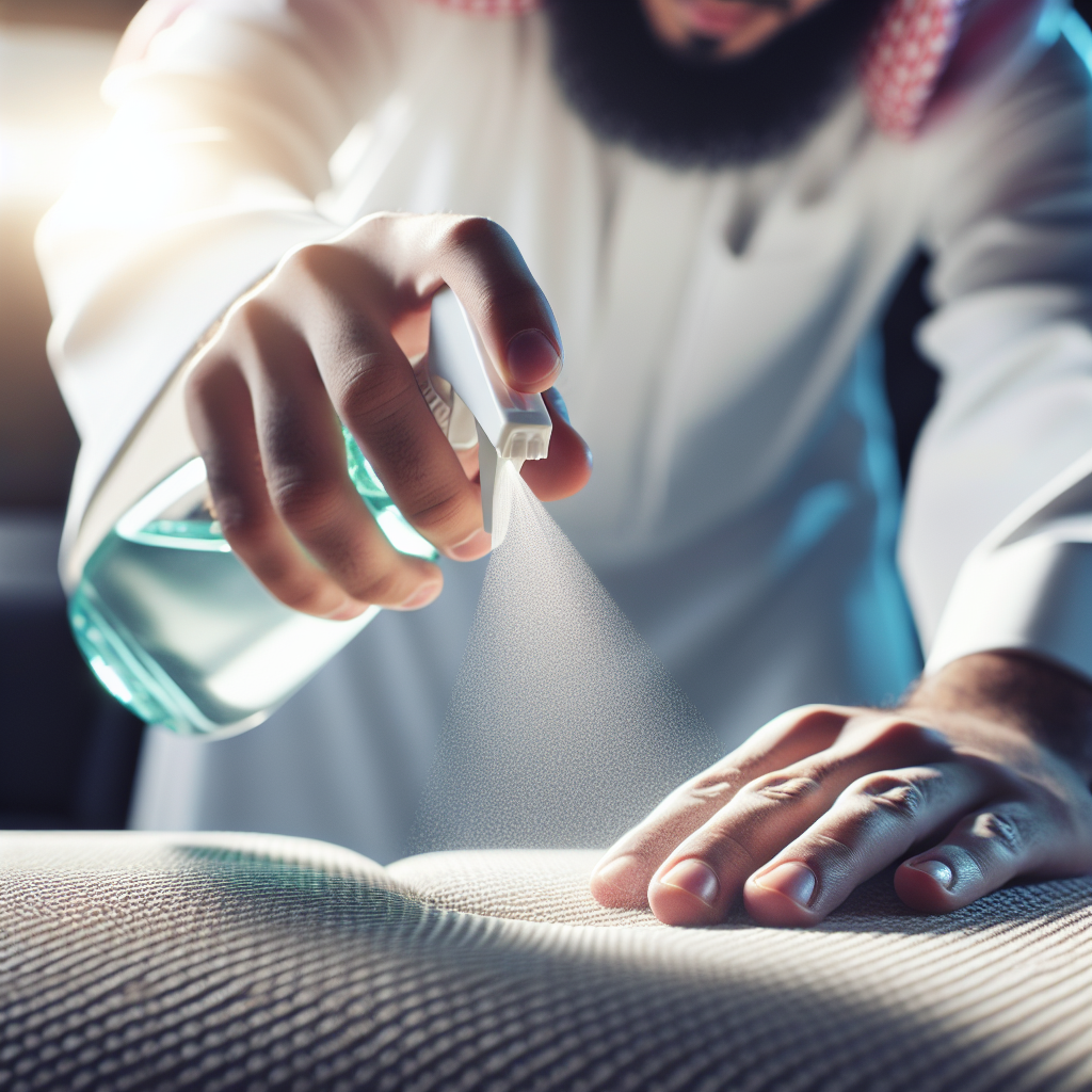 Close-up shot of a person's hand holding a spray bottle filled with a clear liquid, actively spritzing it onto a fabric surface like a car seat or sofa. The scene evokes freshness and cleanliness, with soft, bright lighting and a subtle hint of sparkling clean air. The focus is on the action of cleaning and the promise of an odor-free result. Realistic photo, bright and refreshing aesthetic.