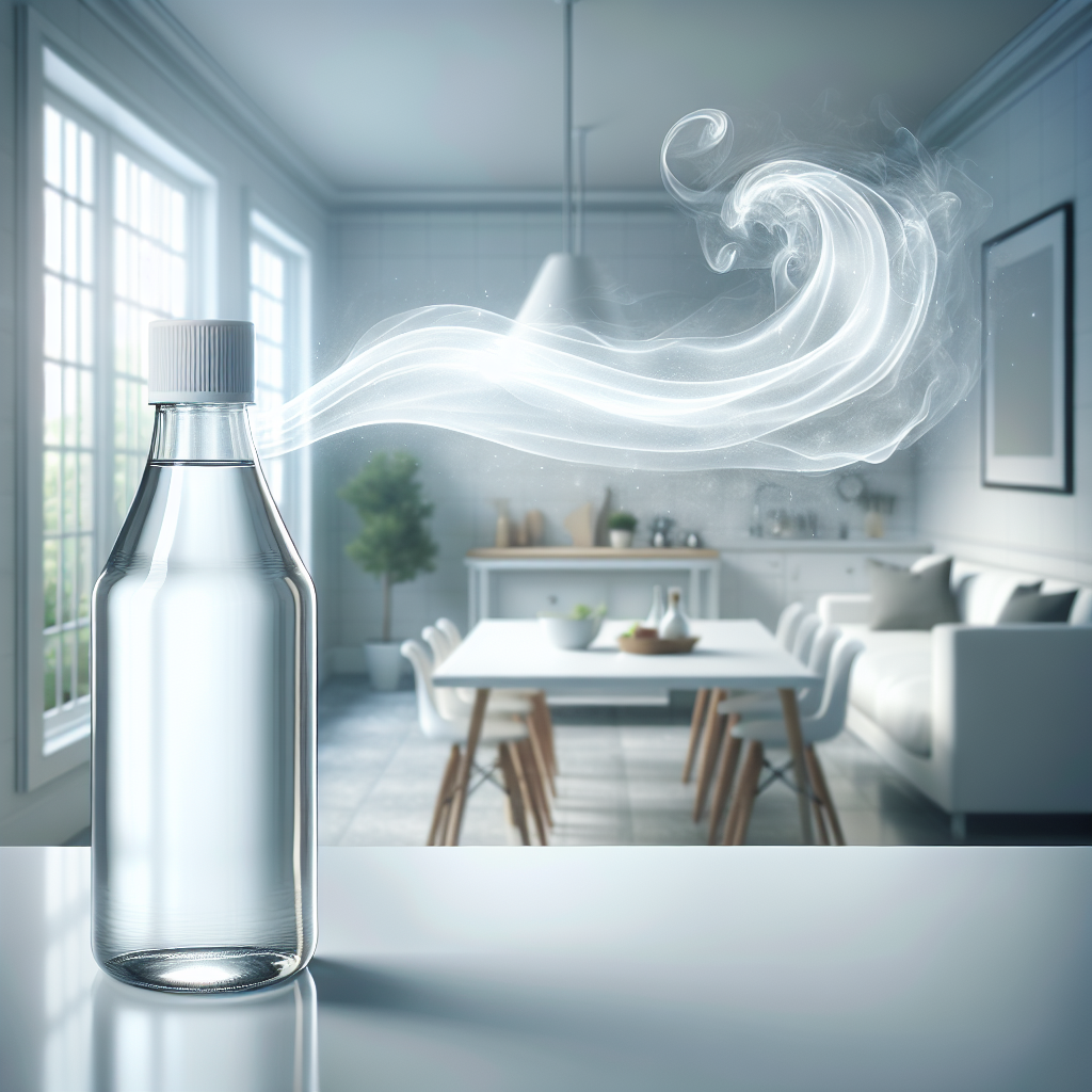 A clean, modern kitchen or living room. A bottle of white vinegar stands prominently on a countertop or table, with a subtle, almost ethereal wave of 'freshness' or 'neutralization' visibly emanating from it, gently dissolving a very faint, stylized wisp of smoke or unpleasant odor in the air. The overall lighting is bright and clean, emphasizing a sense of purity and problem-solving. Photorealistic, bright.