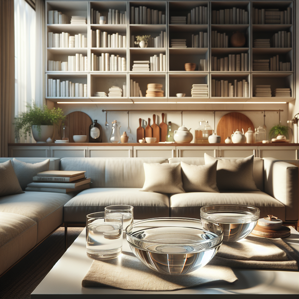 A domestic scene featuring several clear glass bowls filled with a transparent liquid (representing vinegar water) placed strategically around a well-lit living room or kitchen. One bowl is on a coffee table, another on a bookshelf, and a third on a kitchen counter. The room appears tidy, perhaps with a window slightly ajar, suggesting active ventilation and the use of a simple home remedy to combat a lingering, unseen odor. Realistic, calm, domestic.