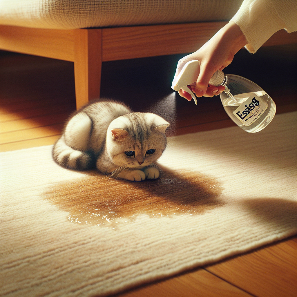 A cozy, clean domestic scene. A small, innocent-looking cat sits calmly near a subtle wet spot on a light-colored rug. A hand gently sprays a solution from a clear spray bottle, subtly labeled 'Essig' or 'Vinegar', onto the spot. The image has soft, natural lighting, conveying a sense of gentle cleaning and problem-solving.