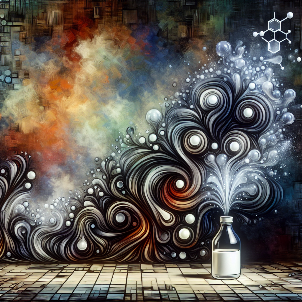 An abstract, symbolic image depicting odor neutralization. Dark, swirling, unpleasant abstract 'odor' molecules are visibly dissipating from a floor surface. Simultaneously, bright, clear, refreshing abstract 'freshness' molecules are emerging and filling the space, originating from a white vinegar bottle positioned nearby. The image should convey a scientific yet artistic transformation from bad smell to clean air, with a sense of clarity and purity.