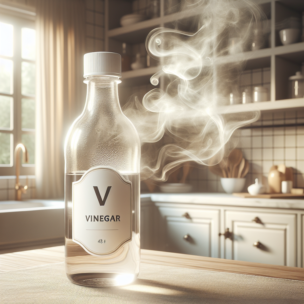 A bottle of white vinegar on a kitchen counter, with subtle, translucent wisps of stale cigarette smoke curling away from it, symbolizing the odor being neutralized and dissipated. The background shows a clean, fresh-looking home interior, bathed in soft, natural light, emphasizing a feeling of renewed freshness. Realistic, warm tones.