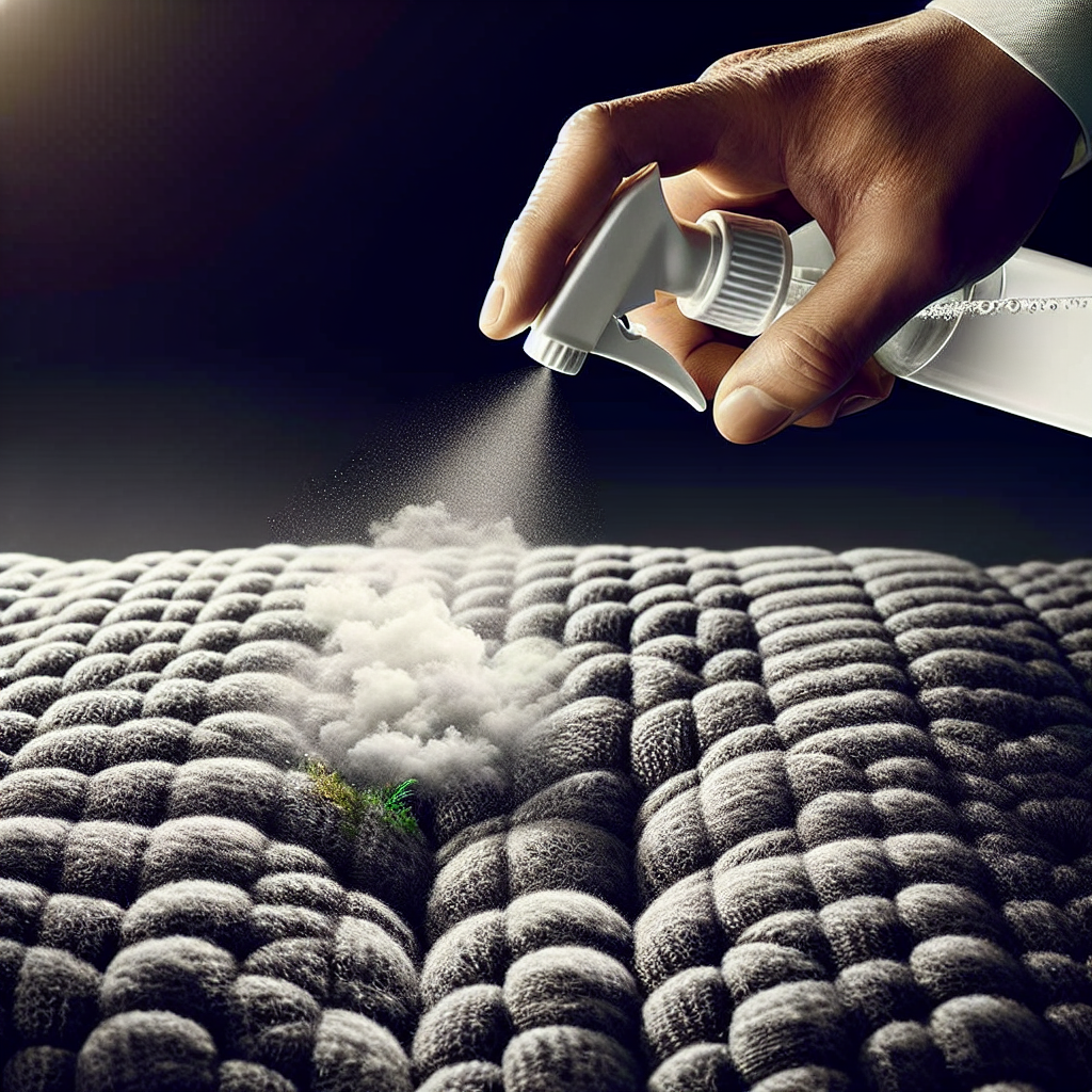 Close-up of a hand gently spraying a white vinegar solution onto a textured surface, like a sofa cushion or a car seat, with a subtle, almost invisible 'smell' cloud lifting and disappearing from the fabric as it's cleaned. The scene emphasizes effective cleaning and odor removal. Bright, clear, focused lighting.