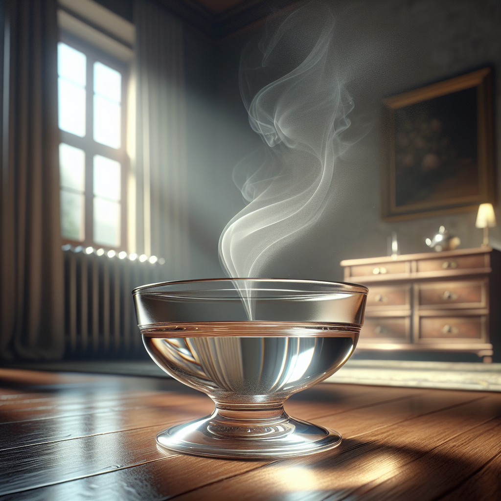 A small, elegant clear glass bowl filled with a subtle, clear liquid (representing vinegar) sits on a polished wooden surface in a room that still has faint wisps of smoke in the air, but also hints of fresh light entering. The scene symbolizes a natural home remedy actively absorbing and neutralizing unpleasant smoke odors, creating a cleaner atmosphere. Soft, natural lighting, realistic style.