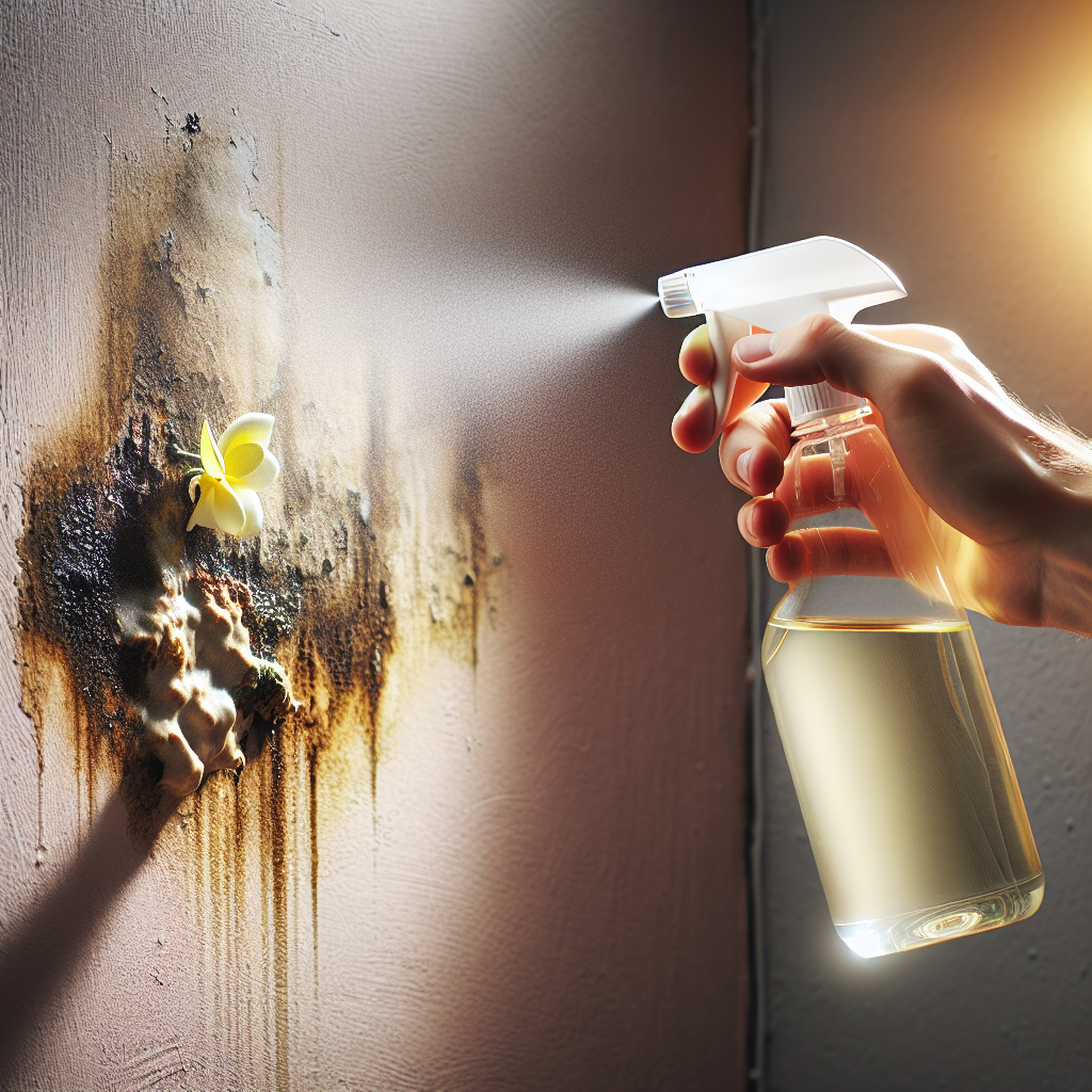 A close-up of a hand holding a spray bottle, actively spraying a fine mist of vinegar onto a subtly damp or discolored wall corner, symbolizing mold and its smell. In the background, a soft, fresh glow or light emerges, hinting at cleanliness and a neutralized atmosphere. The image should convey natural cleaning and effectiveness in a realistic, well-lit style.