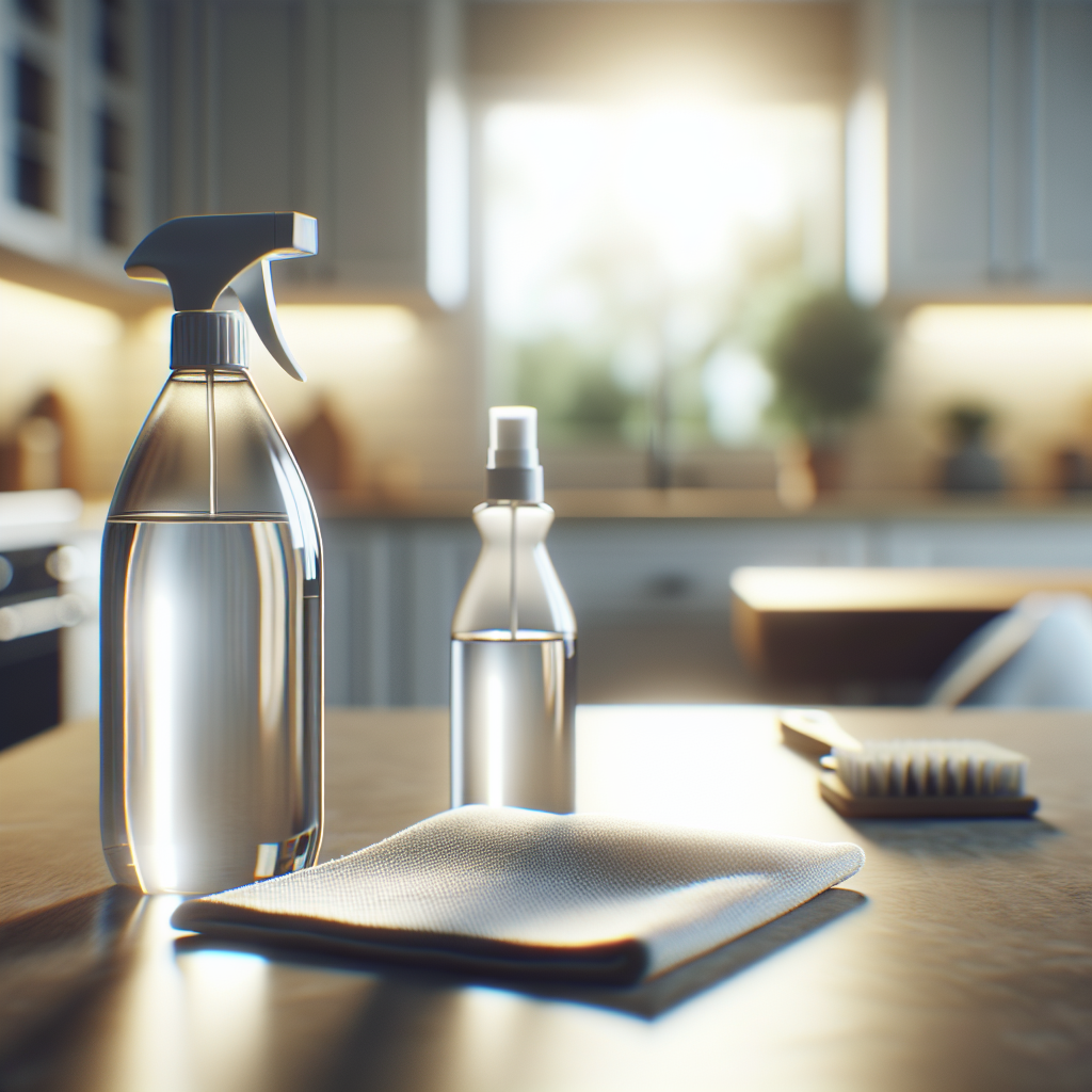 A prominent bottle of white household vinegar on a clean kitchen counter, alongside a spray bottle and a clean cloth. In the soft-focus background, a domestic scene with a hint of a small mess on a rug or upholstery, suggesting a common household odor problem. Realistic, bright lighting.