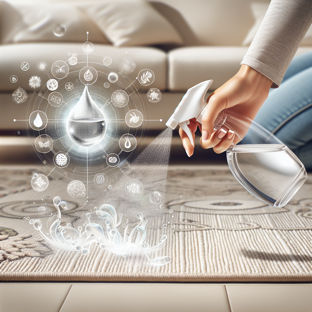 Close-up of a hand spraying a clear liquid (vinegar solution) from a spray bottle onto a textured fabric surface like a rug. Visual representation of unpleasant odor molecules dissipating and being replaced by a fresh, clean aura. The scene emphasizes neutralizing and refreshing. Bright and clean aesthetic.