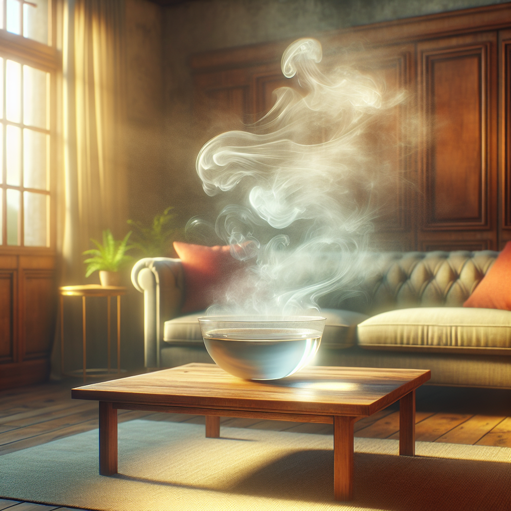 A bright, inviting living room with a ceramic bowl of clear liquid (vinegar water) on a wooden coffee table. Delicate, ethereal wisps of dull, grey air are shown gently dissipating from the room's atmosphere, giving way to a noticeably fresher, cleaner, and brighter ambiance. The scene should convey a sense of renewed freshness and purity. Realistic style, natural light.