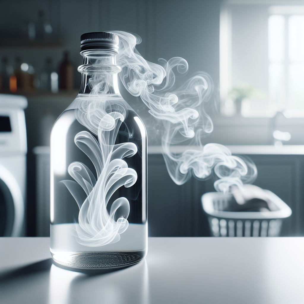 A close-up shot of a transparent bottle of white household vinegar, standing on a clean kitchen counter. Around the bottle, abstract, gentle wave-like patterns of fresh, clean air are subtly emanating, contrasting with faint, almost imperceptible dark smoke-like wisps that are being pushed away and dissolving. In the soft-focus background, hints of a refrigerator door and laundry baskets can be seen, suggesting its widespread use. The image should be clean, bright, and emphasize the natural power of vinegar against odors. Realistic, high-key lighting.