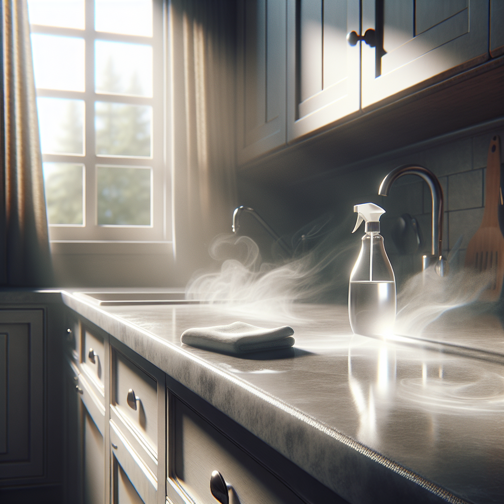 A modern, clean kitchen counter after cleaning with vinegar, but a subtle, translucent, greyish mist (representing the unpleasant vinegar smell) is visibly dissipating into the air. A window in the background is slightly open, letting in a gentle breeze and bright sunlight, symbolizing the entry of fresh air. The scene conveys a sense of transitioning from a strong odor to freshness. Realistic style, natural lighting.