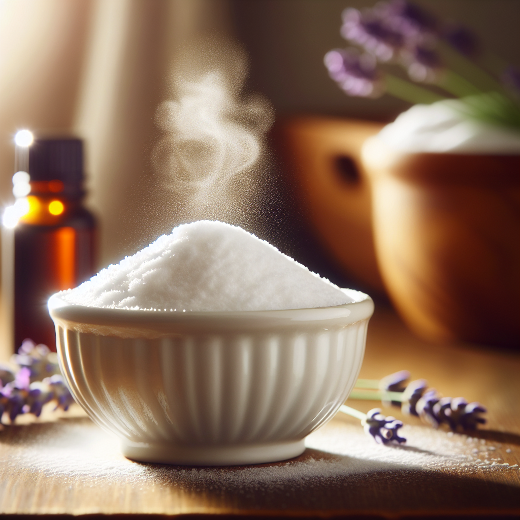 A small, white ceramic bowl filled with white baking soda sits prominently on a wooden kitchen counter. Around the bowl, faint, ethereal wisps (subtly representing the absorption of an unpleasant odor) seem to be drawn into the baking soda. In the soft-focus background, a sprig of fresh lavender or a few drops of essential oil bottle hint at natural freshness. Warm, inviting light, close-up shot focusing on the bowl.