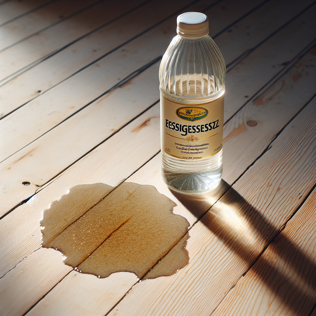 A pristine bottle of 'Essigessenz' (vinegar essence) stands prominently next to a subtle, slightly damp stain on a light-colored wooden floor, subtly hinting at a cat urine accident. The scene should convey cleanliness and the potential for a fresh start, with soft natural light. Focus on the contrast between the lingering problem (stain) and the clear solution (vinegar bottle).