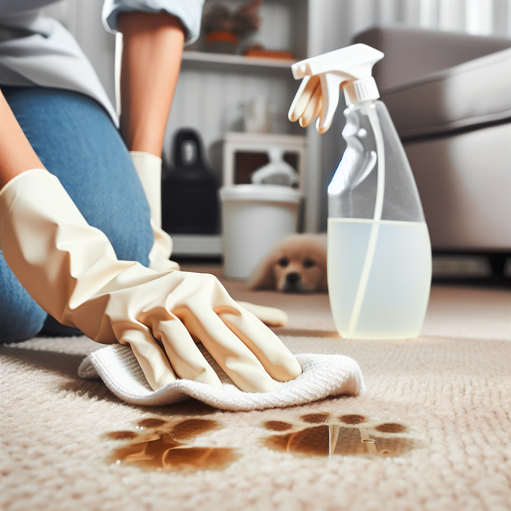 A close-up of a person's hands wearing cleaning gloves, carefully dabbing a white cloth, moistened with a diluted vinegar solution, onto a small, visible cat urine stain on a beige carpet. A spray bottle and a bowl with the diluted solution are visible in the softly blurred background. The focus is on the careful action of cleaning, suggesting an effective and hygienic process.