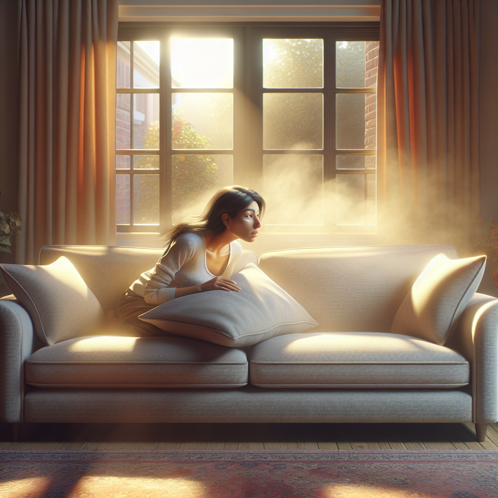 A cozy living room scene with a comfortable upholstered sofa. A person is subtly sniffing a cushion with a slightly puzzled or displeased expression, indicating an unpleasant lingering smell. In the background, a large window is wide open, letting in bright sunlight and a visible gentle breeze, symbolizing fresh air and ventilation. Realistic style, soft warm lighting.
