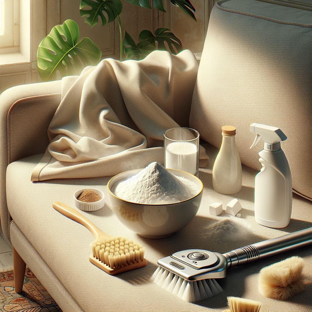 A close-up still life arrangement showing home remedies for odor removal on a light-colored sofa or armchair. Prominently featured are a small bowl filled with white powder (baking soda/Natron), a small pile of fresh coffee powder, and a soft brush or a handheld vacuum cleaner nozzle nearby. The scene is clean, well-lit, and emphasizes natural solutions. Realistic, bright, and clean aesthetic.