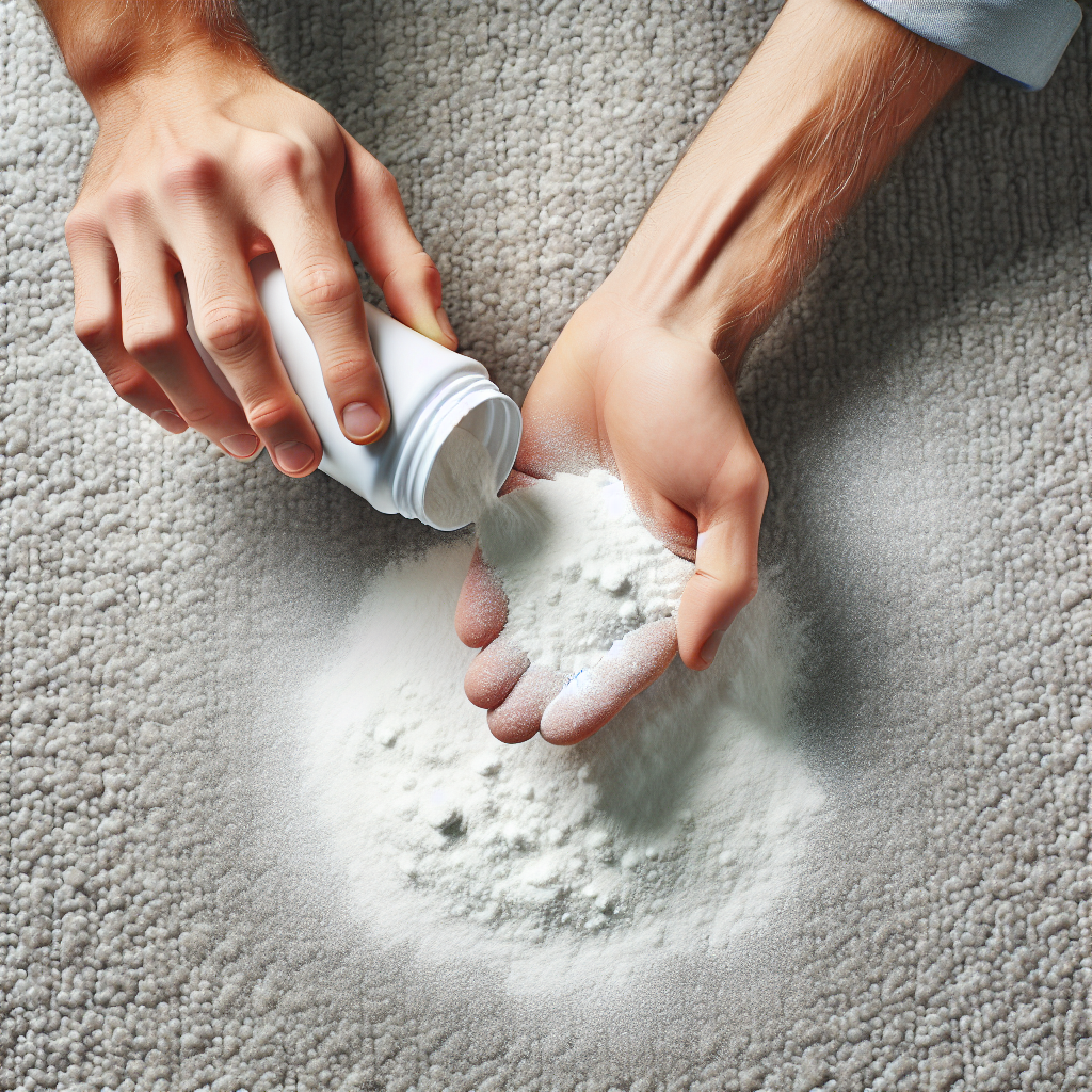An overhead shot of a person's hands gently sprinkling a generous amount of white powder (labeled or clearly resembling baking soda/Natron) from a cup or a shaker onto a section of a light-colored carpet. The powder is evenly distributed, creating a visual of an active household remedy against odors, with a bright, clean aesthetic.