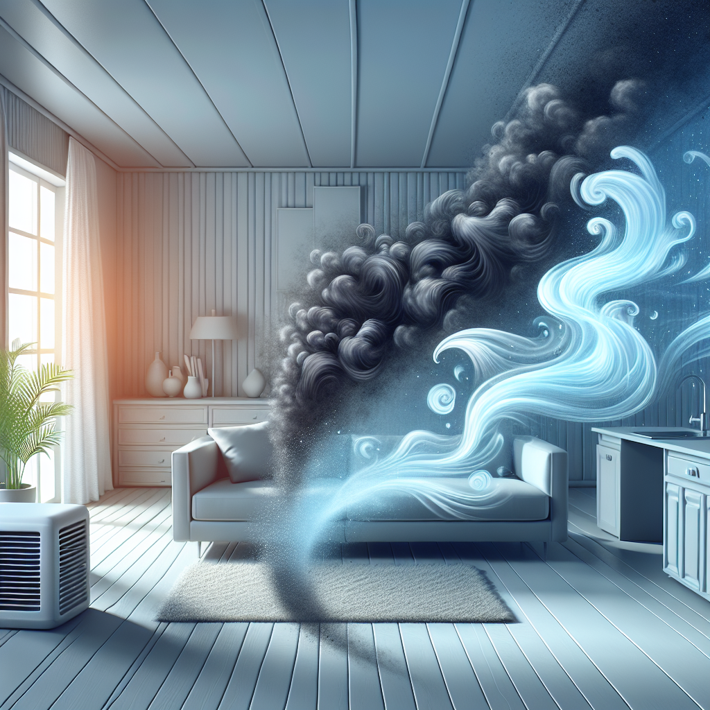 A conceptual image illustrating the removal of an unpleasant odor. A faint, wispy cloud of dark, abstract vapor (representing a strong vinegar smell) is visibly shrinking and dissipating from a clean, modern kitchen or living room. Simultaneously, fresh, light blue air currents flow in through an open window, bringing a sense of purity and cleanliness. The overall mood is one of transformation from stale to fresh, with bright, inviting lighting.