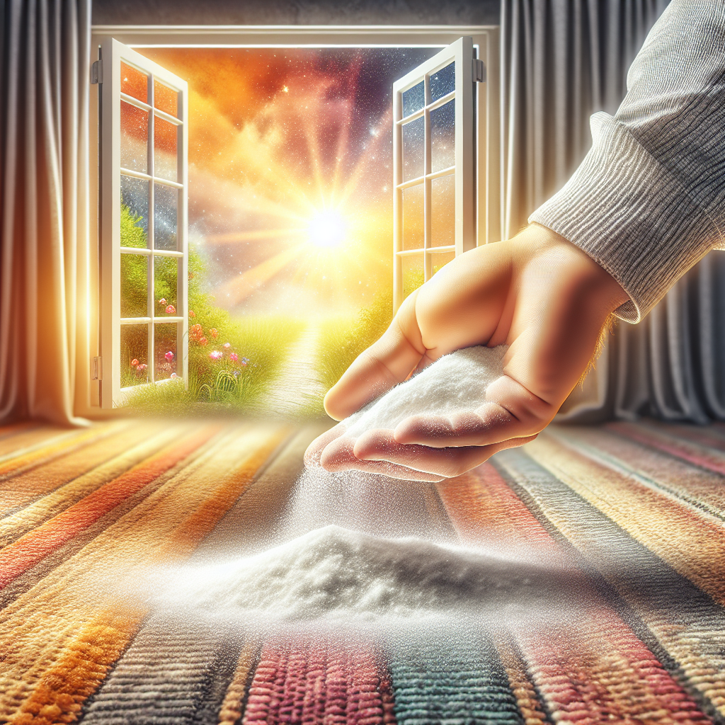A close-up shot of a hand gently sprinkling a fine white powder (representing baking soda or Natron) onto a textured surface like a carpet or upholstery. In the background, subtly out of focus, an open window shows a bright, sunny outdoor scene, symbolizing ventilation and freshness. The focus is on the act of cleaning and refreshing a home. Warm, natural lighting, realistic style.