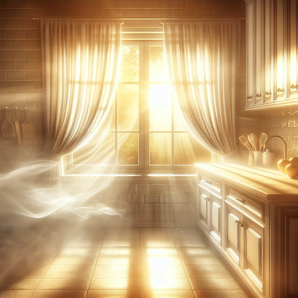 A bright, airy kitchen with an open window, curtains gently billowing, and golden sunlight streaming in. The air visibly shimmers with freshness and cleanliness, symbolizing the complete disappearance of an unpleasant odor. On a clean countertop, there's a subtle hint of steam or vapor dissipating, signifying a fresh start.