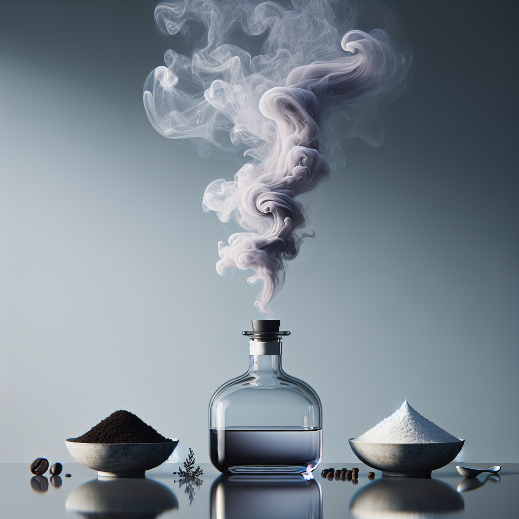 A minimalist still life composition on a sleek countertop. A bottle of vinegar stands prominently, emitting a faint, wispy purple or grey cloud representing its strong odor. Flanking it are two small, elegant bowls: one filled with dark, aromatic coffee grounds, the other with fine white baking soda, both radiating a subtle, clean, light blue aura that pushes back against and neutralizes the vinegar cloud. Soft, diffused lighting.