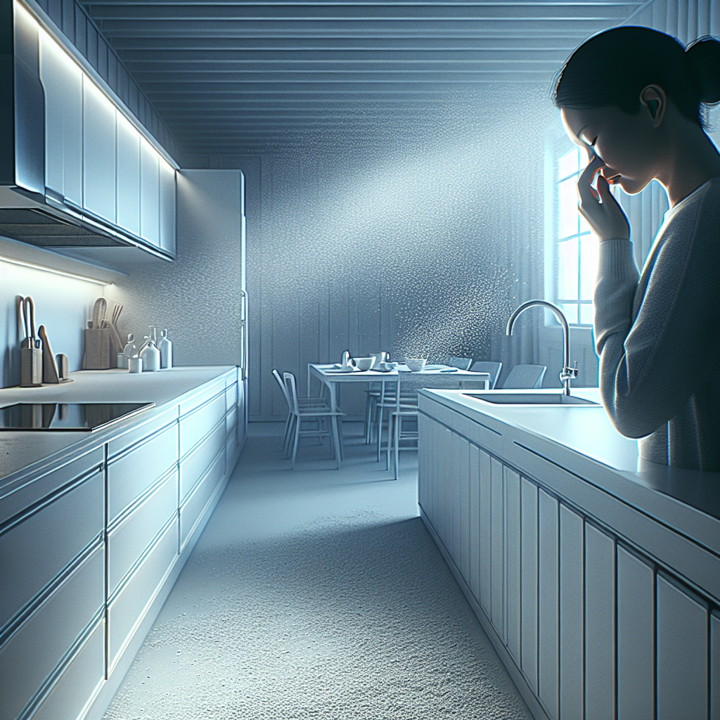 A pristine, modern kitchen, immaculately clean, yet the atmosphere feels subtly oppressive with an invisible, lingering sharp vinegar scent. A silhouette of a person in the background covers their nose. The lighting should feel sterile and slightly uncomfortable, emphasizing the paradox of a clean space that still smells unpleasant. Photorealistic, focus on atmosphere.