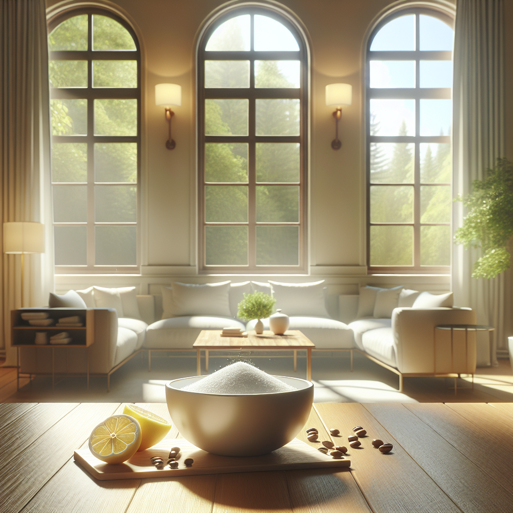 A bright, airy living room with large windows wide open, allowing a gentle breeze and abundant natural light to flood the space. On a table, a small ceramic bowl filled with white baking soda, a sliced lemon, and a subtle arrangement of fresh coffee beans are artfully placed. The scene should exude a sense of freshness, cleanliness, and peace, symbolizing the successful neutralization of unpleasant odors. Photorealistic.