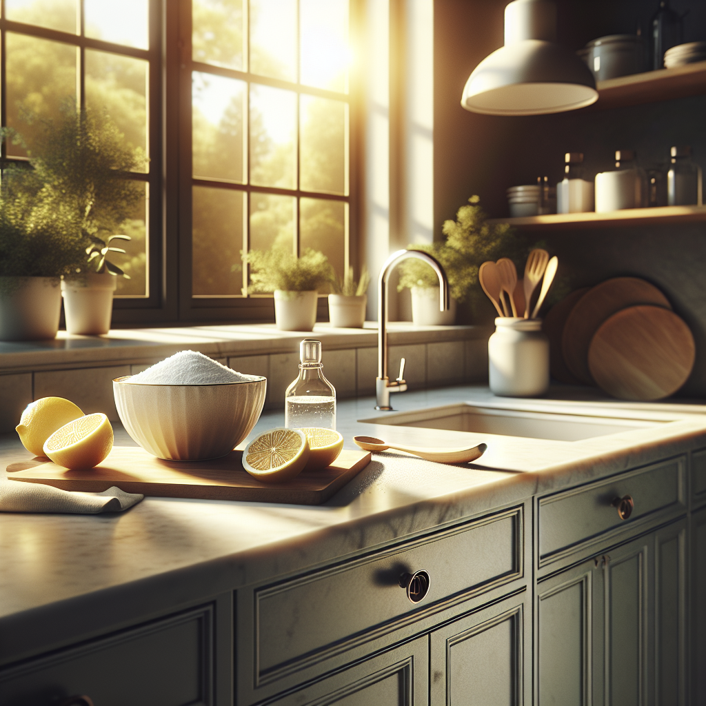 A sparkling clean modern kitchen, sunlight streaming in through an open window. On the pristine countertop, a small, elegant bowl of baking soda and a few fresh lemon slices are placed, subtly symbolizing the neutralization of unpleasant odors. The overall atmosphere is fresh, airy, and inviting. Realistic photography, warm light.