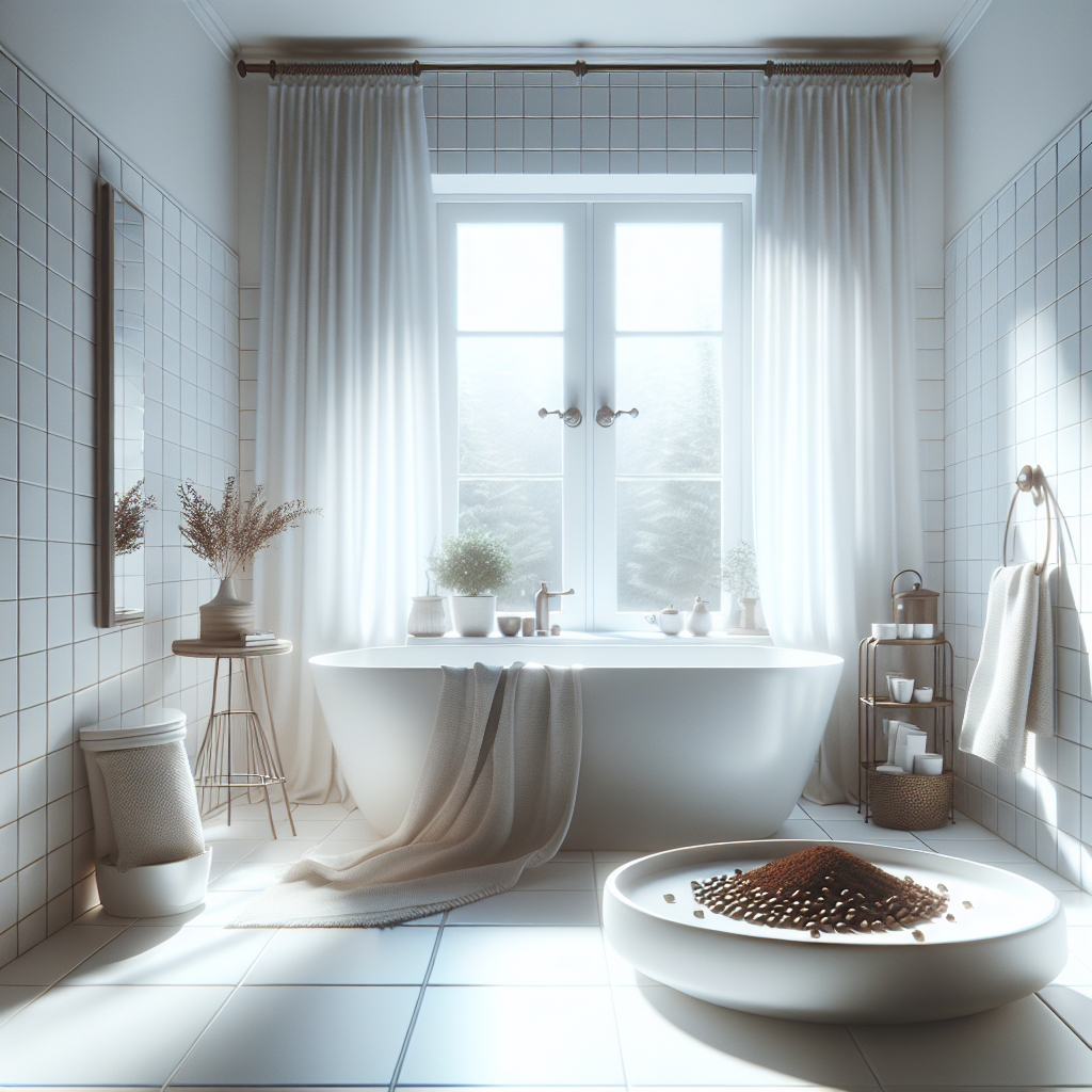 A serene and freshly cleaned bathroom with white tiles and a minimalist design. A small, stylish dish with freshly ground coffee beans sits on a shelf, and an open window with sheer curtains provides a gentle breeze. The room feels exceptionally clean, airy, and free of any strong smells, exuding a sense of calm freshness. Realistic photography, soft, natural light.