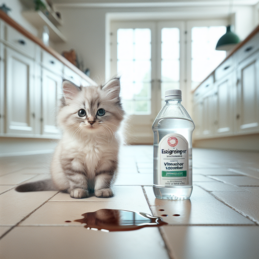 A fluffy cat with an innocent expression sitting next to a subtle, slightly damp spot on a light-colored tile floor. In the foreground, a generic clear bottle of 'Essigreiniger' (vinegar cleaner) with a simple label. The background is a slightly blurred, clean home interior. Bright, natural lighting. Realistic photo style, high detail.