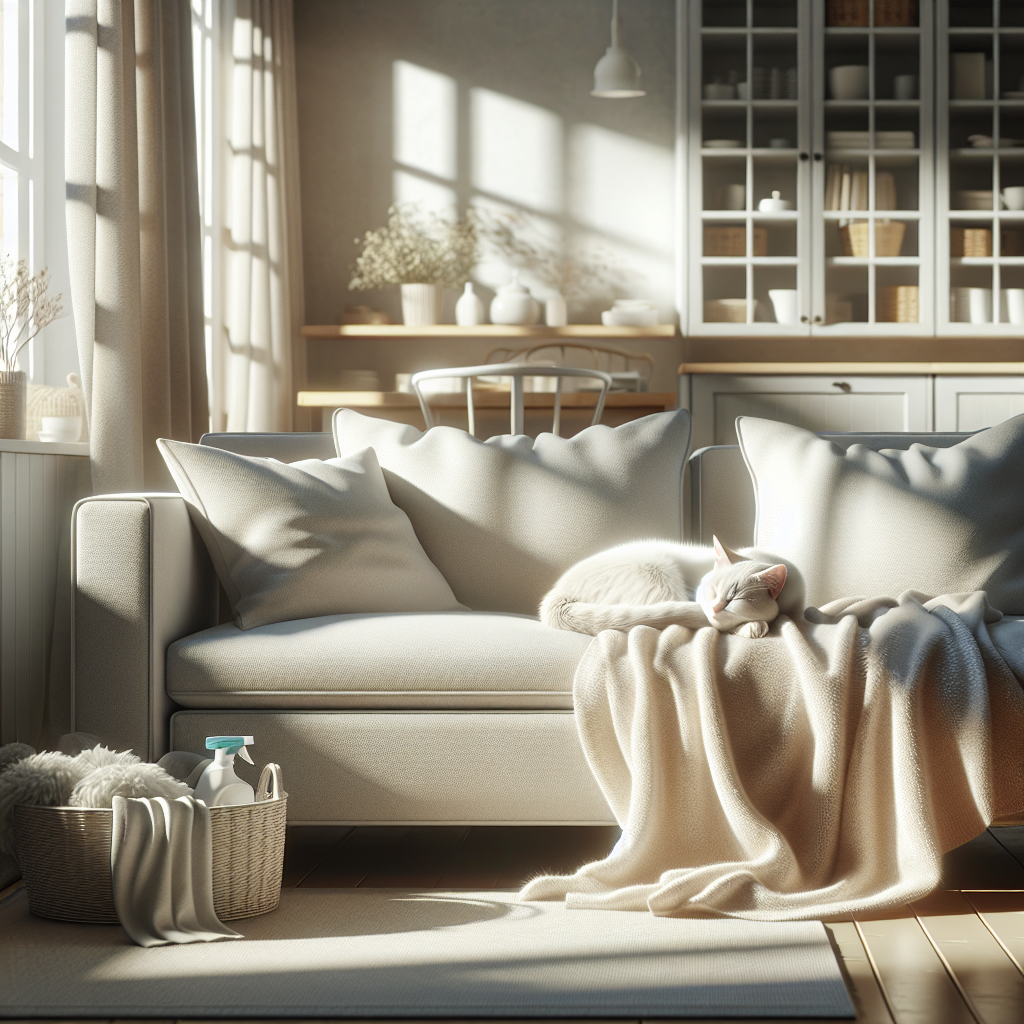 A cozy, clean living room interior with soft sunlight coming through a window. A contented, relaxed cat is curled up on a clean, light-colored blanket on a sofa. The room looks fresh and tidy, suggesting a pleasant, odor-free environment. No visible cleaning products or mess. Warm and inviting atmosphere. Realistic photo style, high detail.