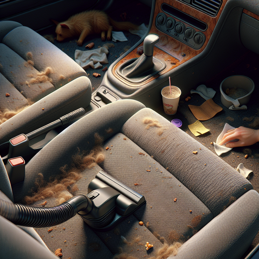 Ein detailliertes, realistisches Foto des Innenraums eines leicht unordentlichen Autos. Auf den Sitzen und dem Teppich sind Krümel, ein paar Tierhaare und vielleicht ein vergessener Kaffeebecher zu sehen. Eine Hand beginnt gerade, mit einem kleinen Handstaubsauger die Polster zu reinigen, um schlechte Gerüche zu bekämpfen. Natürliches Licht, Fokus auf den Beginn des Reinigungsprozesses.