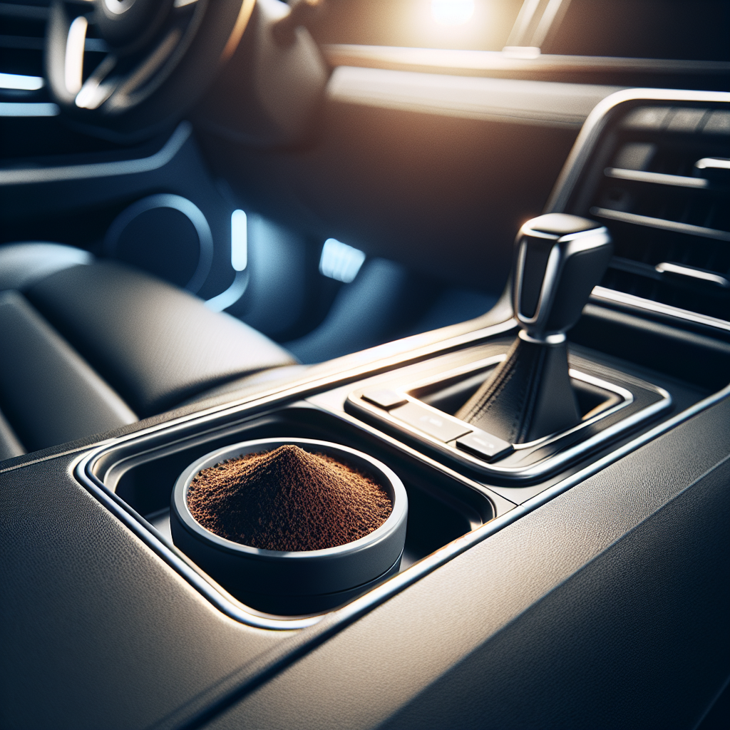 Ein sauberes und frisch wirkendes Interieur eines modernen Autos, das Frische und Sauberkeit ausstrahlt. Auf der Mittelkonsole steht eine kleine, dezente Schale mit frisch gemahlenem Kaffeepulver, die symbolisch für einen neutralisierten und angenehmen Geruch steht. Helle, einladende Beleuchtung, die ein Gefühl von Reinheit und Wohlbefinden vermittelt.