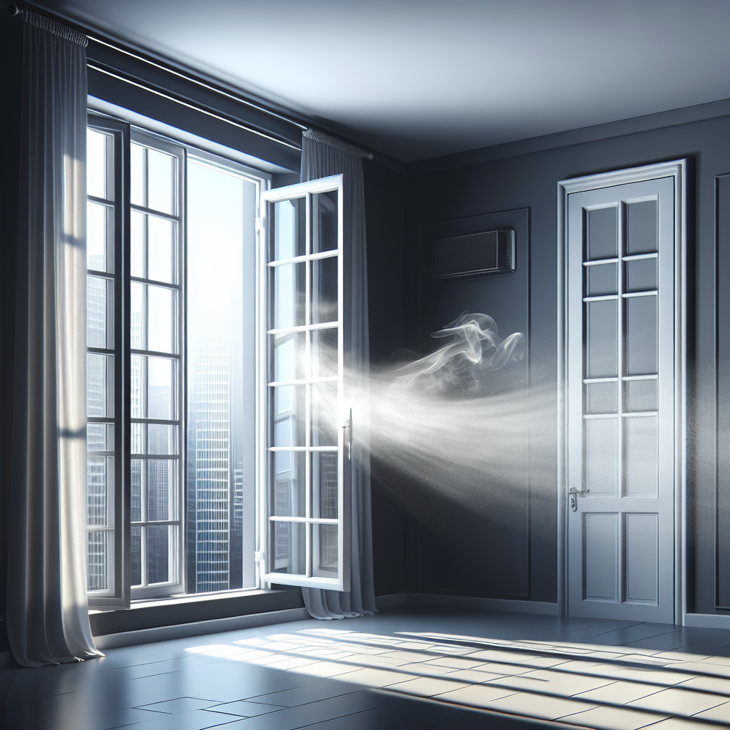 Visualization of unpleasant paint odor subtly leaving a freshly painted room through wide open windows and a gentle breeze. The room is bright and clean, with a sense of fresh air flowing in and light streaming through. A modern, minimalist aesthetic, photorealistic.