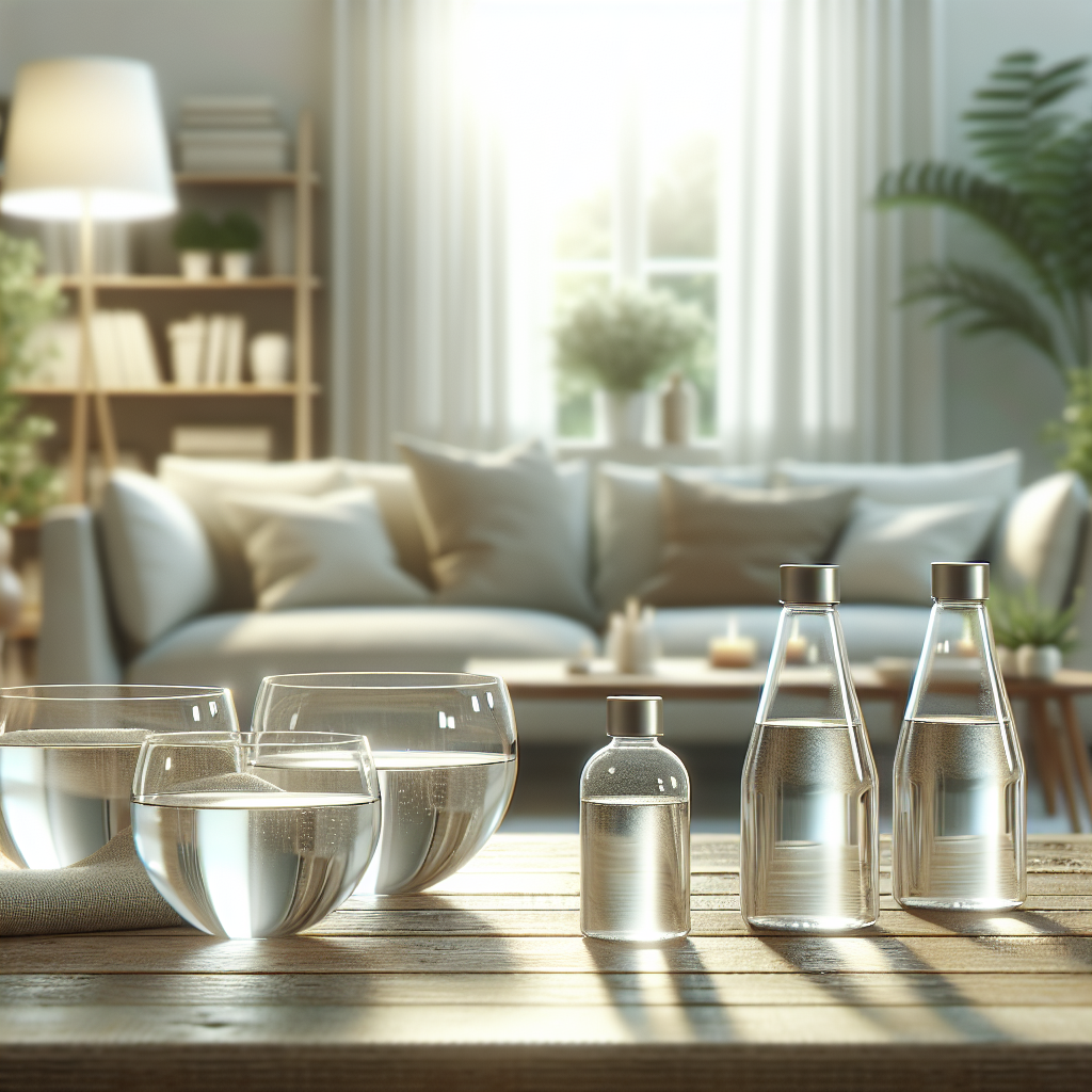 Close-up of several small, clear glass bowls filled with water and a hint of vinegar, strategically placed on a clean wooden table in a bright, airy living room. The background shows a subtly fresh and pleasant space, conveying the successful removal of paint odor through natural remedies. Soft, natural lighting, photorealistic.