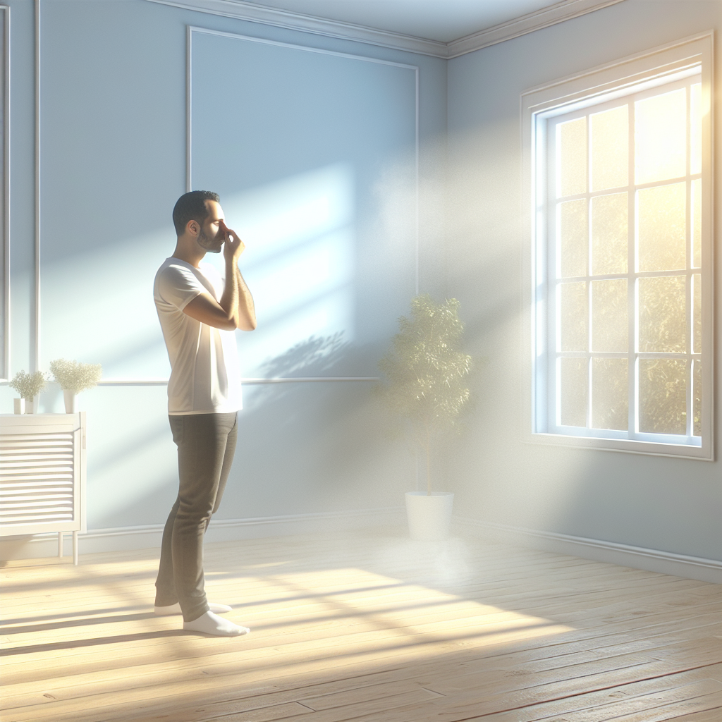 A bright, freshly painted room with light blue walls. A person is standing in the center, subtly holding their nose and looking slightly uncomfortable due to an invisible, strong paint smell. Sunlight streams through an open window, suggesting a faint haze in the air. The scene is clean and modern, conveying the problem of stubborn paint odor. Blog article style, high quality.