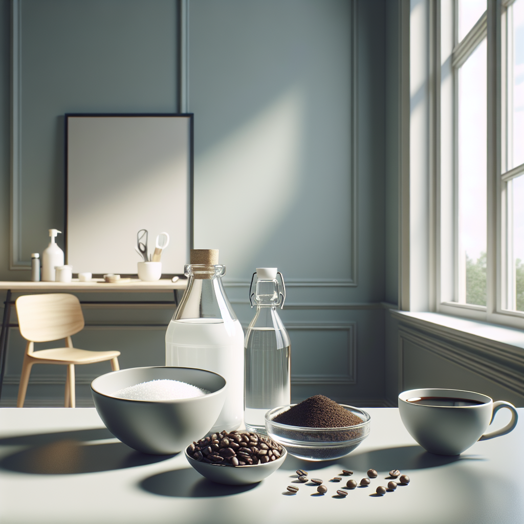 A close-up of a neatly arranged collection of common home remedies for odor removal in a freshly painted room. This includes a small bowl of white vinegar, a cup filled with fresh coffee beans, and a small dish of ground coffee, all placed on a clean, light-colored surface. In the background, a slightly open window allows natural light and a hint of fresh air to enter. The scene is clean, organized, and conveys practical solutions. Blog article style, high quality.