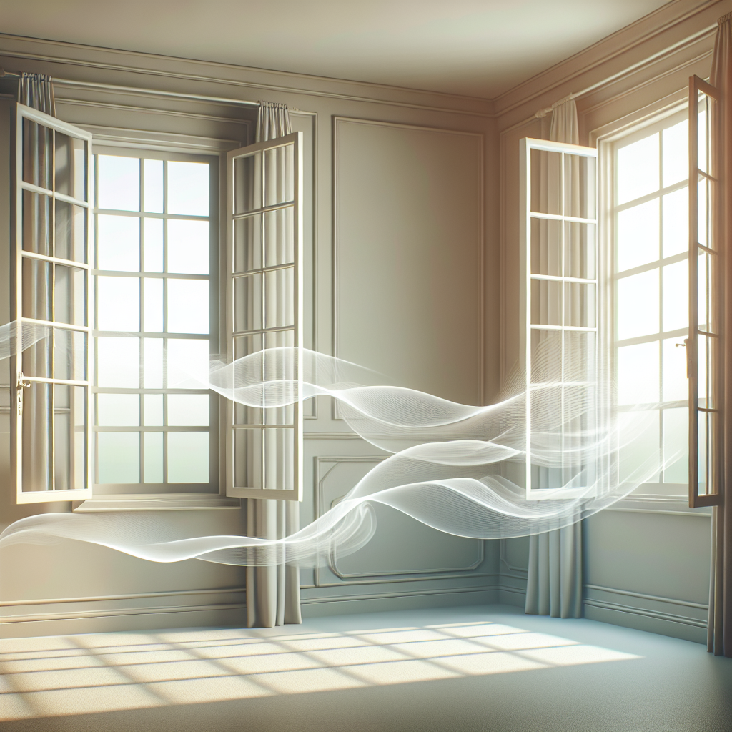A bright, airy room with freshly painted walls in a light, neutral color. Large windows are wide open, letting in abundant natural light and a gentle breeze, symbolizing fresh air entering. Subtle, almost transparent wavy lines are visibly dissipating towards the open windows, representing unpleasant paint odor being carried away, creating an atmosphere of cleanliness and renewal.