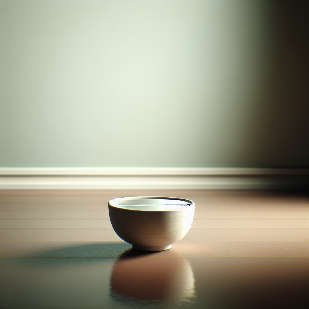 A close-up, minimalist shot of a simple ceramic bowl filled with a clear liquid (like vinegar) placed on a polished wooden floor or a small, unobtrusive table. In the softly blurred background, a freshly painted wall in a muted, calm color is visible, hinting at the context of neutralizing paint smell with natural home remedies. The scene should convey a sense of calm, effectiveness, and a clean environment.