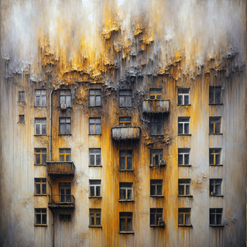 A close-up of a wall in an old smoker's apartment, showing prominent yellow-brown nicotine stains dripping down the paint. The texture is grimy and dated, conveying a strong sense of stale cigarette smell. Realistic photo, indoor lighting.