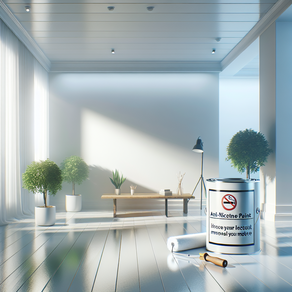 A bright, clean, freshly painted white wall in a modern, airy room. In the foreground, a paint can labeled 'Anti-Nicotine Paint' and a clean roller brush. A subtle sense of freshness and purity fills the space, illustrating the successful removal of smoke odor. Realistic photo, bright natural light.