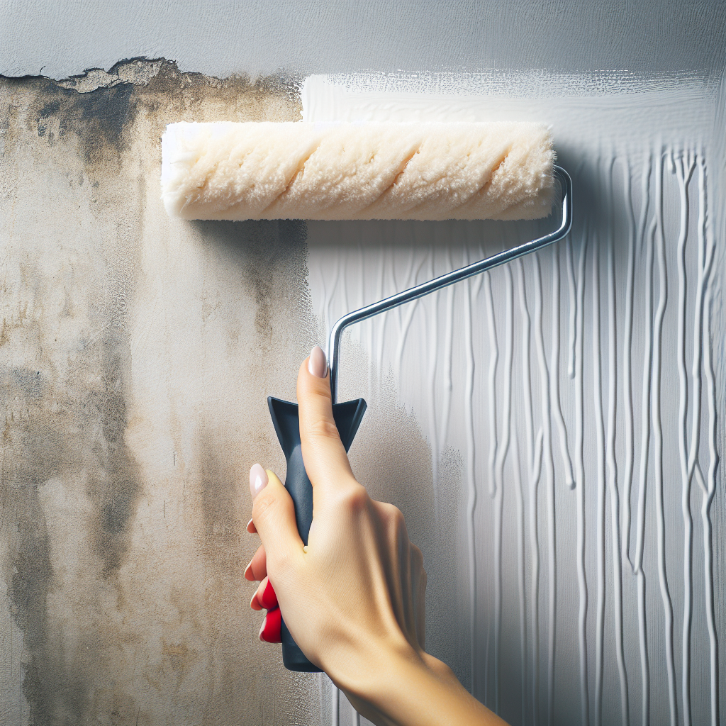A close-up shot of a hand using a paint roller to apply white anti-mold paint onto a wall. One part of the wall is visibly damp or has a subtle discoloration, while the freshly painted section appears clean and bright. The setting suggests a bathroom or basement. The image should convey renovation and a sense of addressing a problem. Realistic style, soft lighting.