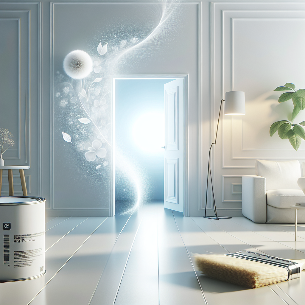 A bright and fresh interior scene focusing on a pristine white wall in a modern bathroom or living space. A subtle, transparent 'fresh air' effect or a gentle glow emanates from the wall, symbolizing odor neutralization. In the background, a new can of paint labeled 'anti-mold' (or similar) and a clean paintbrush are visible, hinting at the solution. Clean, minimalist aesthetic with ample natural light.