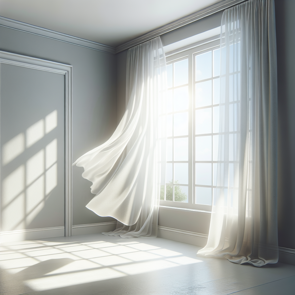 A bright, sunlit room with freshly painted light grey walls. A wide-open window allows a gentle breeze to billow sheer white curtains, creating a sense of fresh, clean air circulating. The room feels inviting, comfortable, and completely free of any unpleasant odors. Realistic, high-quality photography with soft, natural light.