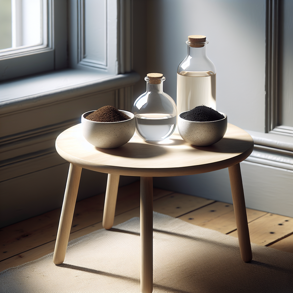 A still life composition on a simple wooden side table in a subtly freshly painted room. The table holds three small, white ceramic bowls: one filled with white vinegar, another with dark coffee grounds, and a third with pieces of activated charcoal. The scene is clean, practical, and suggests natural odor absorption. Realistic, natural lighting, close-up shot.