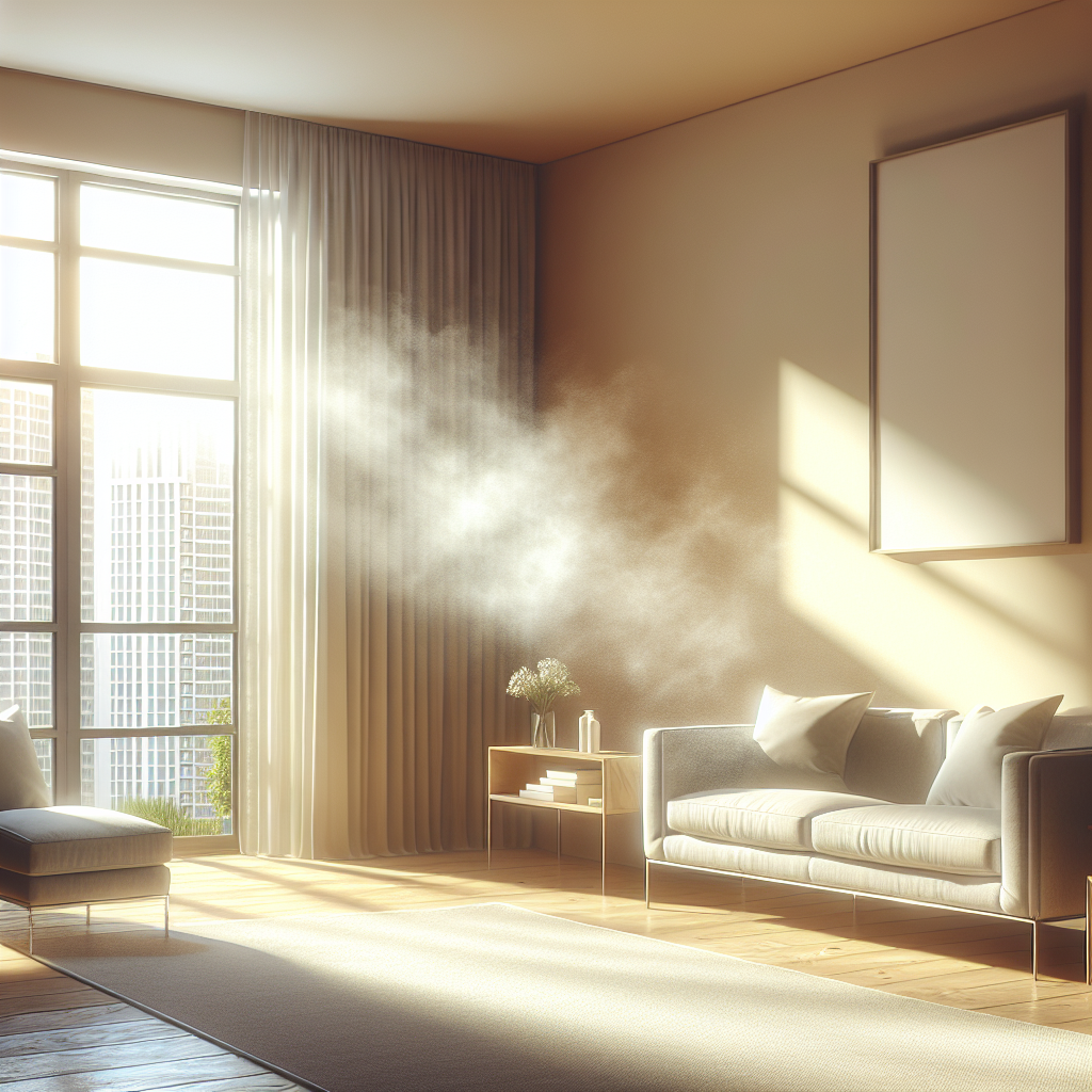 A bright and airy apartment living room with an open window, sunlight streaming in. There's a subtle, almost imperceptible visual representation of paint fumes dissipating from a freshly painted wall, indicating fresh air is clearing the smell. The room has a modern, clean aesthetic, conveying a sense of relief and freshness.