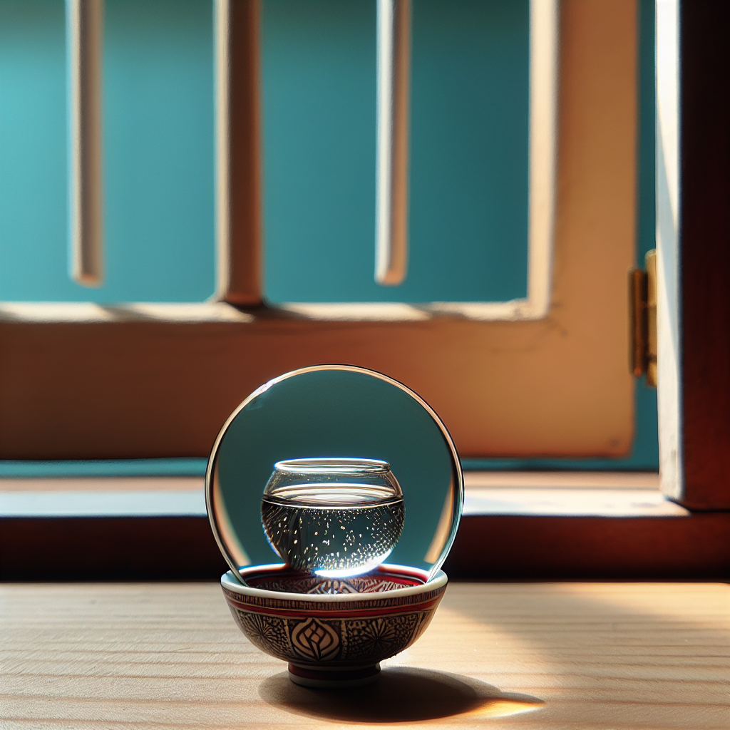 A close-up shot of a small, decorative bowl filled with a clear liquid (representing vinegar) placed on a wooden windowsill. In the softly blurred background, a wall with a fresh coat of light-colored paint is visible. The scene is simple and clean, highlighting a natural home remedy for odor removal. Natural light illuminates the bowl.