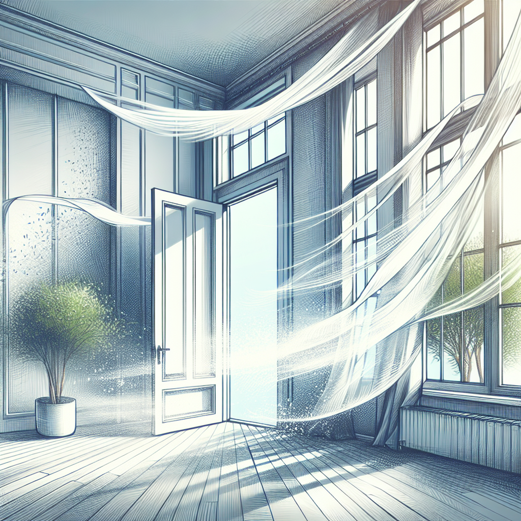 A brightly lit, modern room with newly painted walls. Large windows and the room's door are wide open, creating a strong cross-breeze, with sheer curtains visibly billowing inwards. The scene emphasizes fresh air circulating and the active removal of unpleasant paint odors, conveying a sense of cleanliness and renewal.