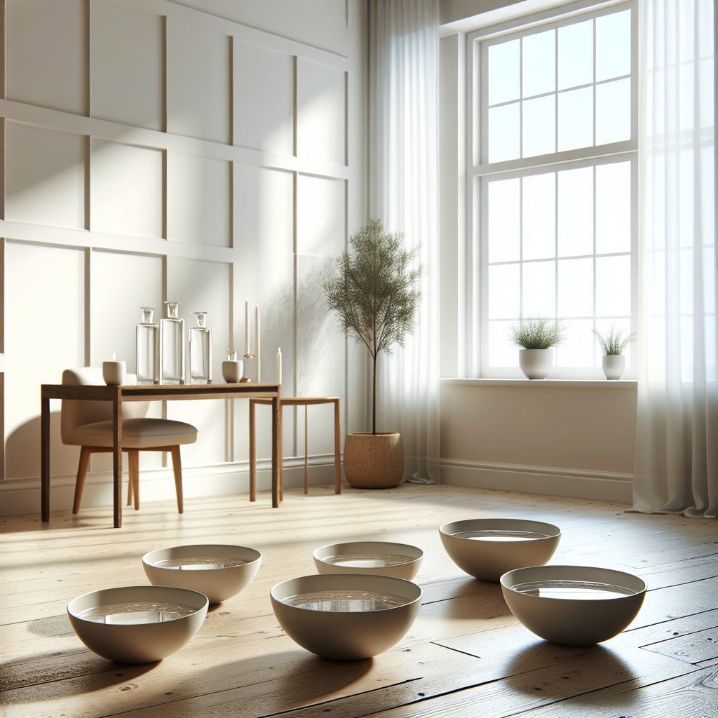 Several small, elegant bowls filled with a clear liquid (vinegar) are strategically placed on a clean wooden table and a windowsill in a freshly painted, modern room. The room has soft, natural light, conveying a peaceful and effective method for neutralizing lingering paint odors. A subtle hint of natural elements, like a small potted plant, adds to the fresh atmosphere.